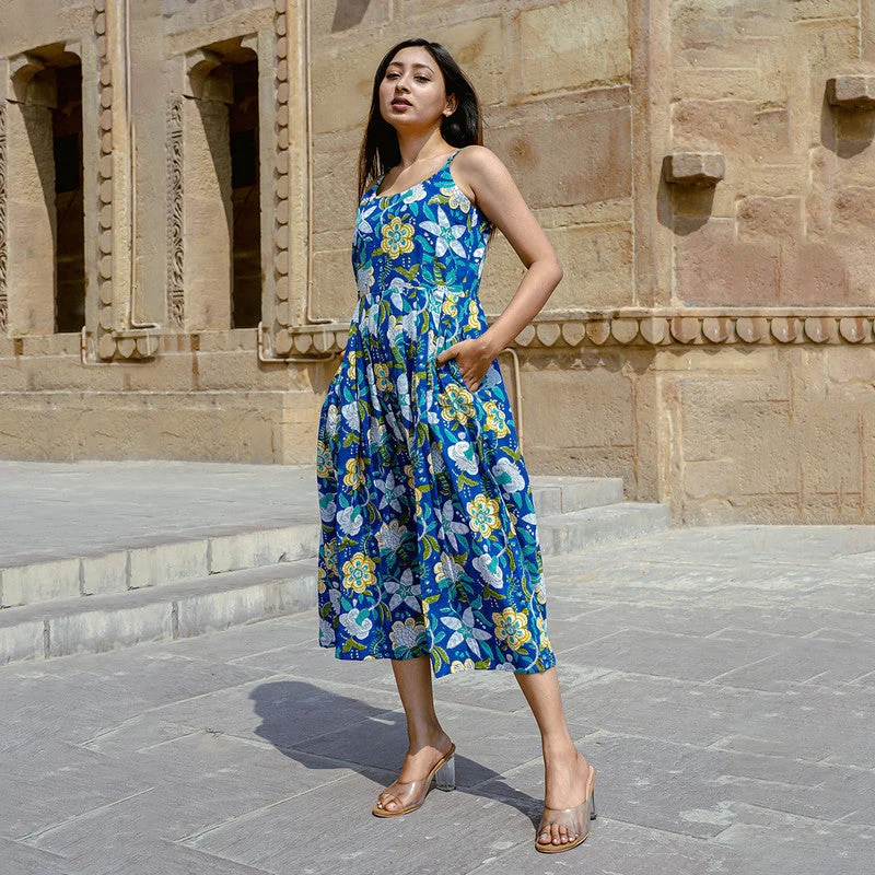 Cotton Dress with Crop Top | Handblock Print | Royal Blue