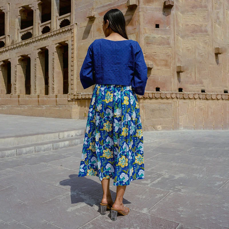 Cotton Dress with Crop Top | Handblock Print | Royal Blue