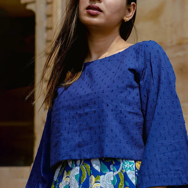 Cotton Dress with Crop Top | Handblock Print | Royal Blue