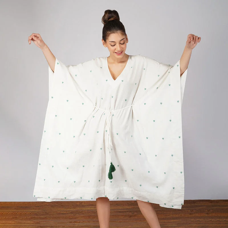 Handwoven Jamdani Motif Kaftan Dress | White & Green