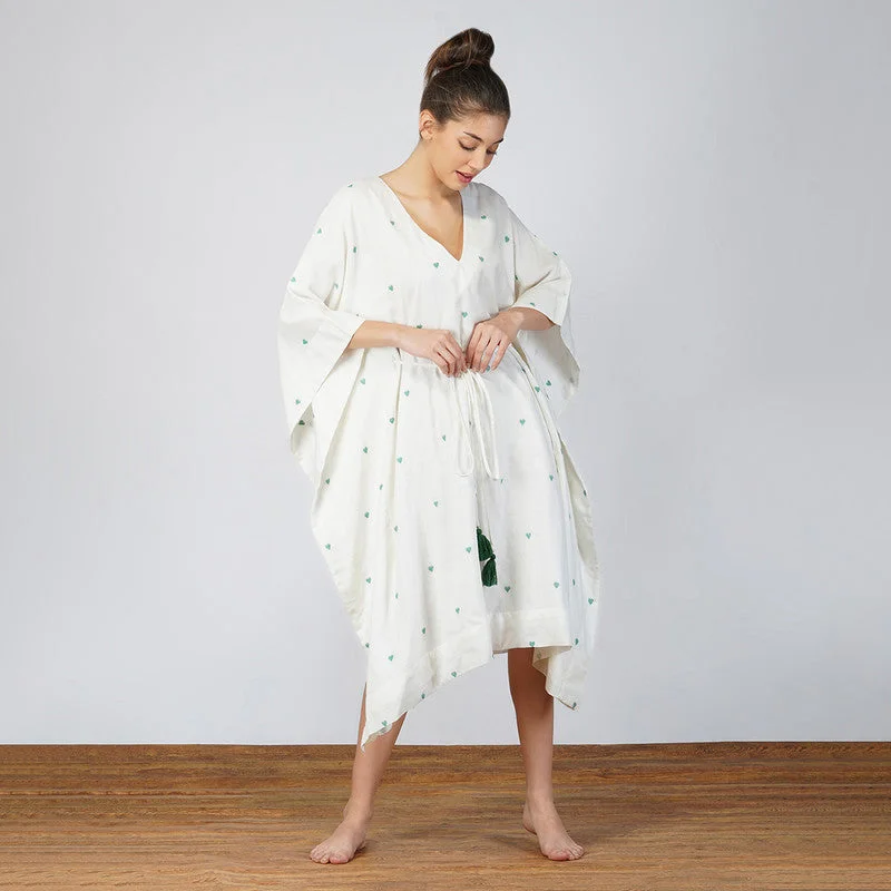 Handwoven Jamdani Motif Kaftan Dress | White & Green