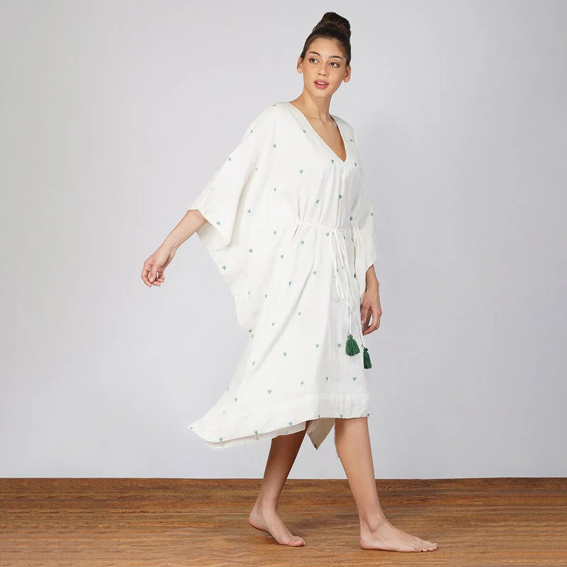 Handwoven Jamdani Motif Kaftan Dress | White & Green