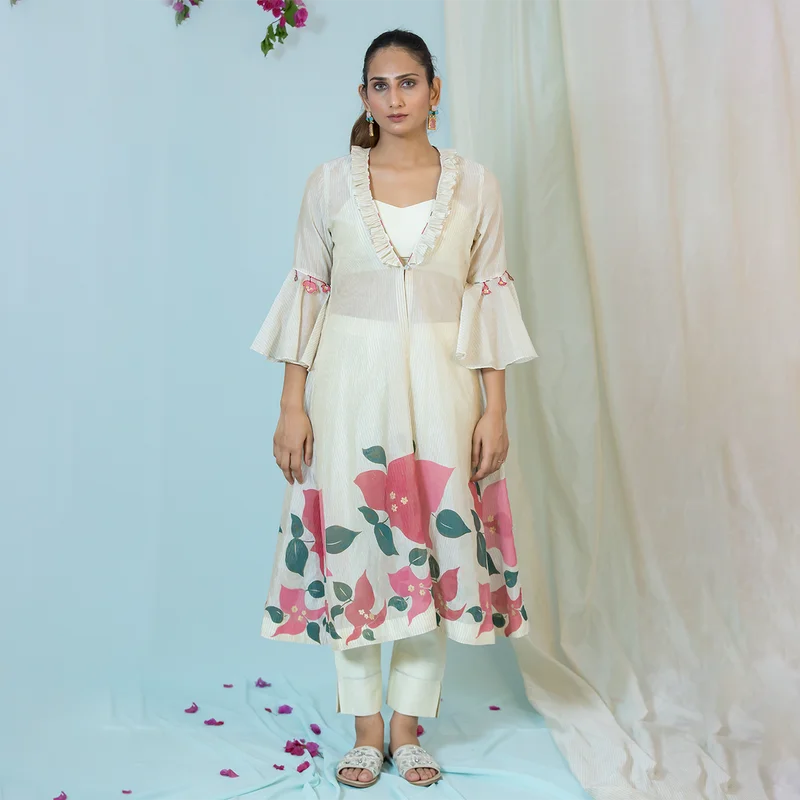 Chanderi Silk Cape Co-Ord Set | Off White