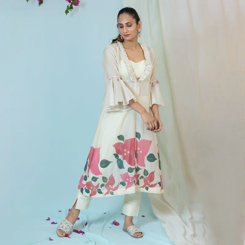 Chanderi Silk Cape Co-Ord Set | Off White