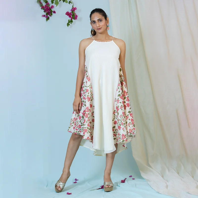 Chanderi Silk Printed Dress | Off White