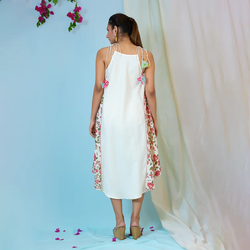 Chanderi Silk Printed Dress | Off White