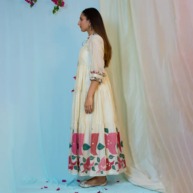 Chanderi Silk Tiered Skirt Dress | 3D Embroidered | Off White