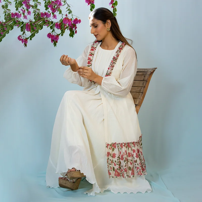 Chanderi Silk Tunic With Cape | Off White