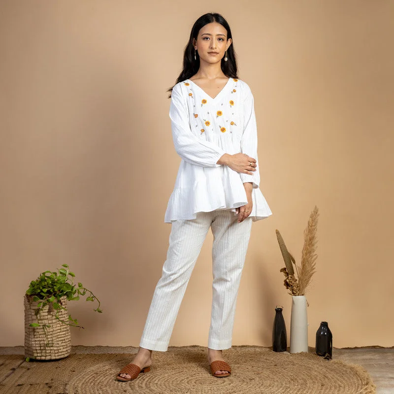 Women White Cotton Top | Tiered | Hand Embroidered