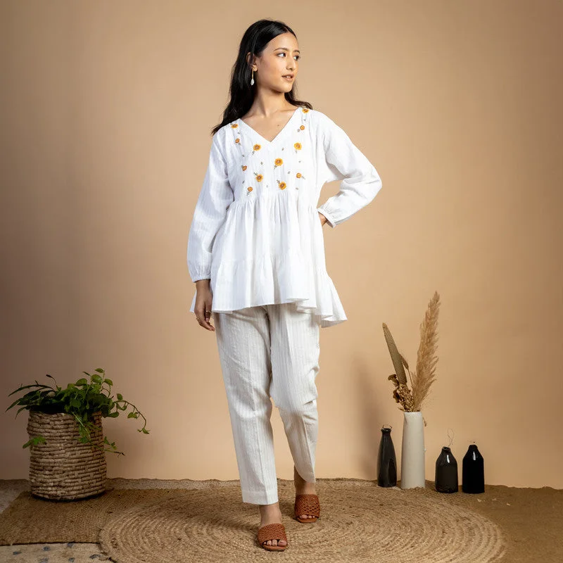 Women White Cotton Top | Tiered | Hand Embroidered