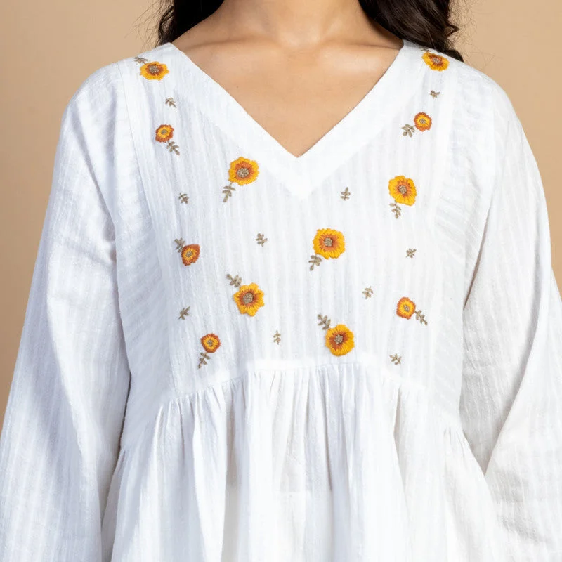 Women White Cotton Top | Tiered | Hand Embroidered