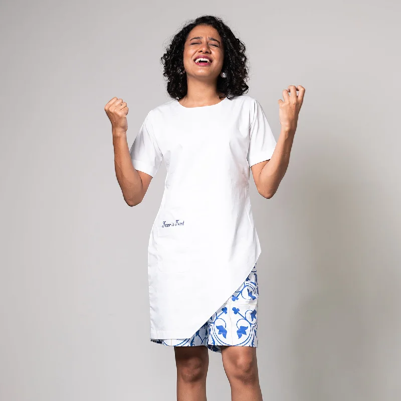 Poplin Co Ord Set for Women | Digital Print | Shorts & Top | White & Blue