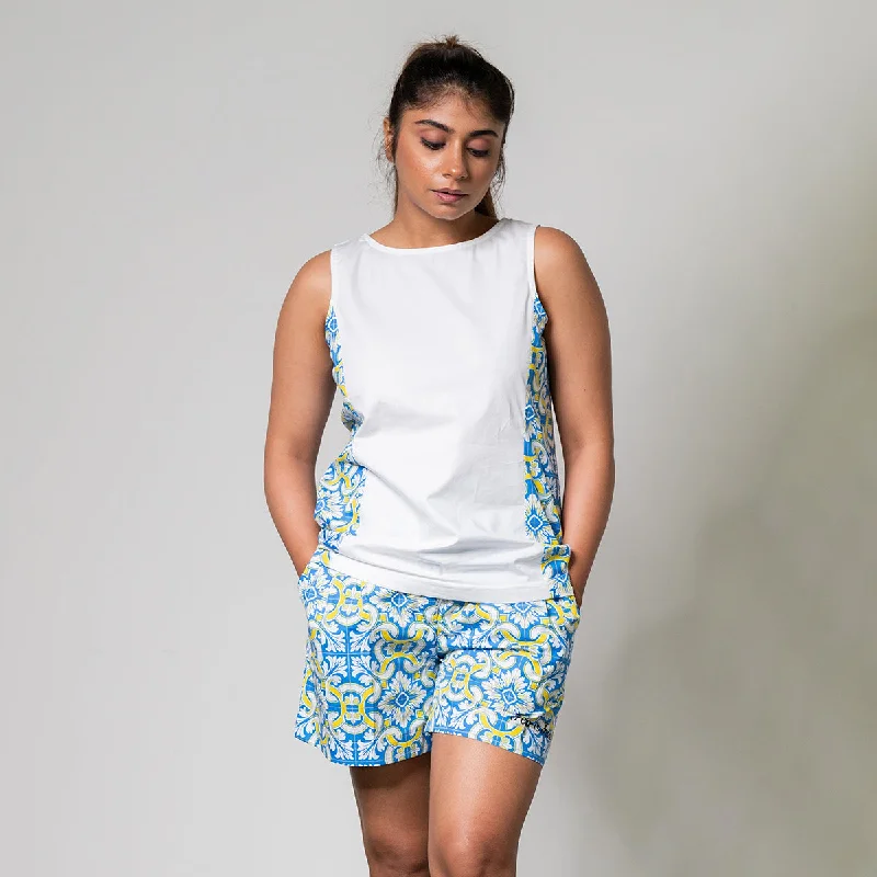 Poplin Co Ord Set for Women | Shorts & Top | Digital Print | White & Blue