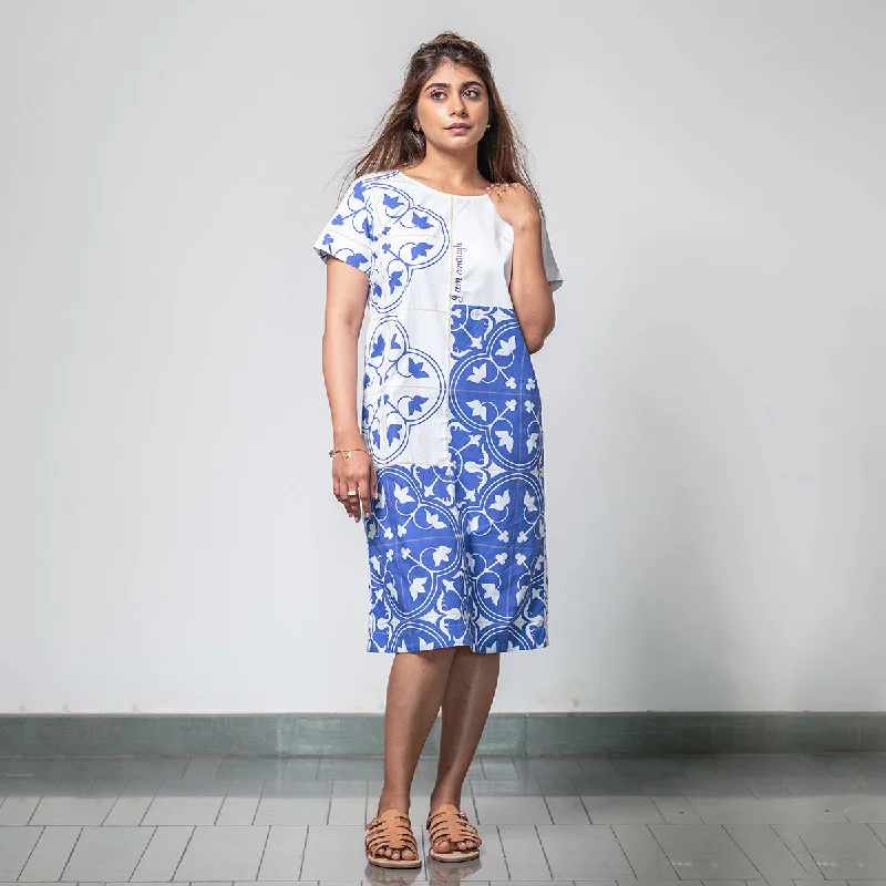 Poplin Dress for Women | Knee-Length | Digital Print | White & Blue