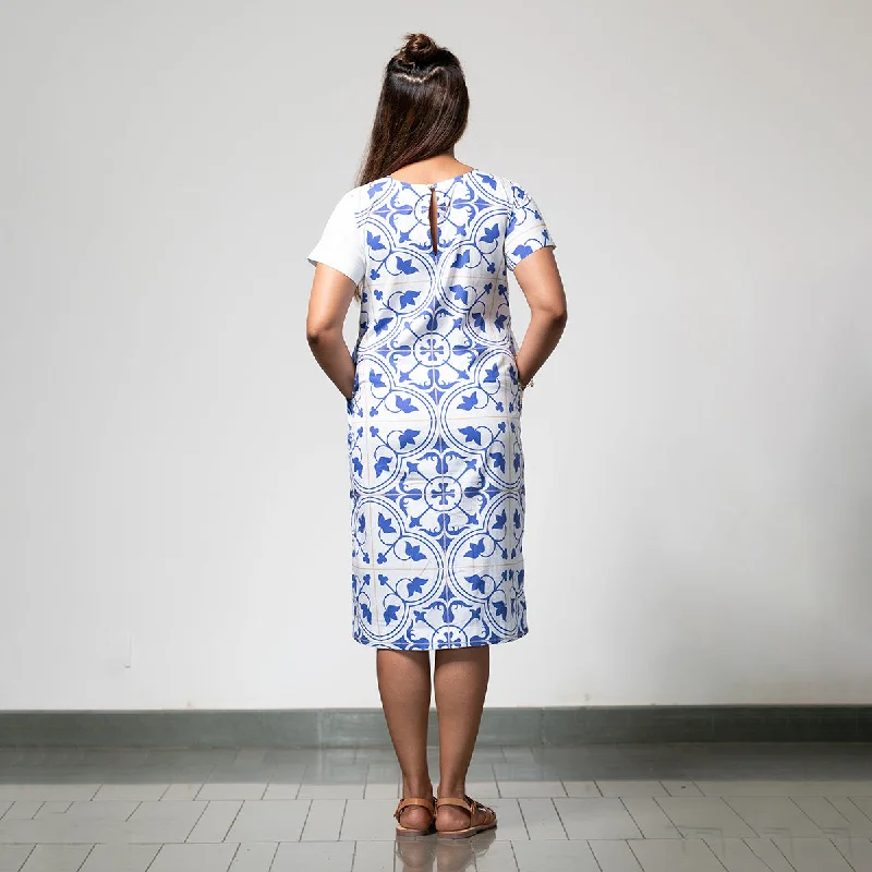 Poplin Dress for Women | Knee-Length | Digital Print | White & Blue