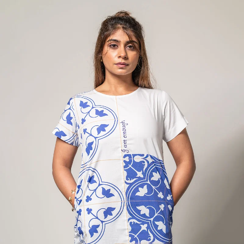 Poplin Dress for Women | Knee-Length | Digital Print | White & Blue