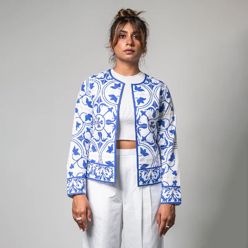 Poplin Shacket for Women | Digital Print | Azulejos Design | White & Blue