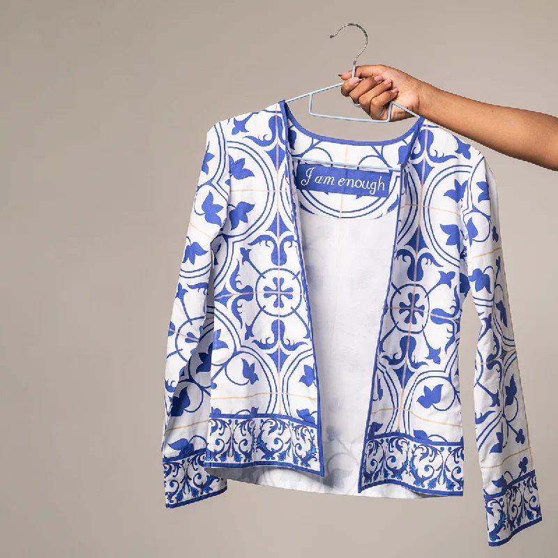 Poplin Shacket for Women | Digital Print | Azulejos Design | White & Blue