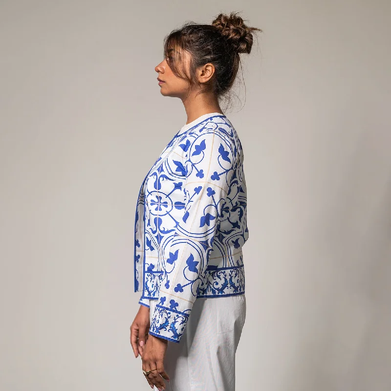 Poplin Shacket for Women | Digital Print | Azulejos Design | White & Blue