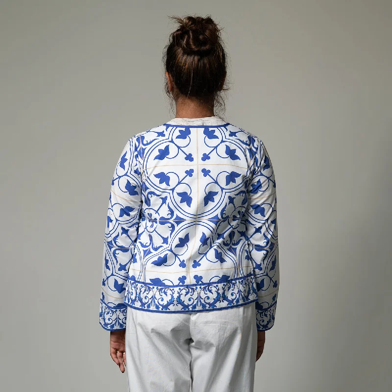 Poplin Shacket for Women | Digital Print | Azulejos Design | White & Blue