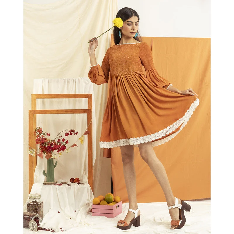 Recycled Orange Peel Bell Sleeve Dress | Brown