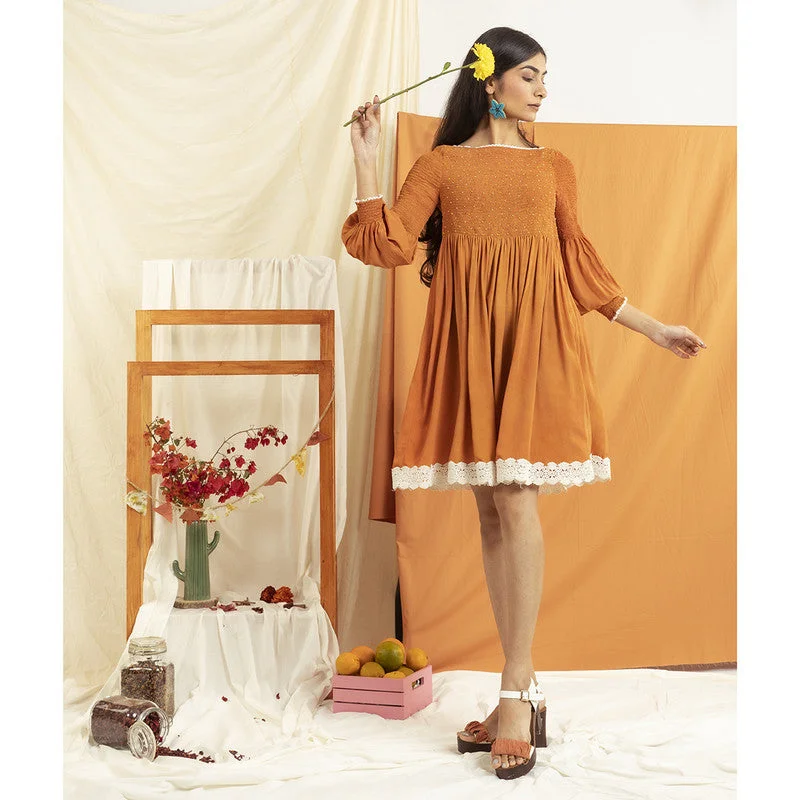 Recycled Orange Peel Bell Sleeve Dress | Brown