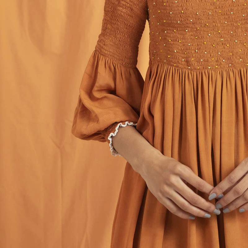 Recycled Orange Peel Bell Sleeve Dress | Brown