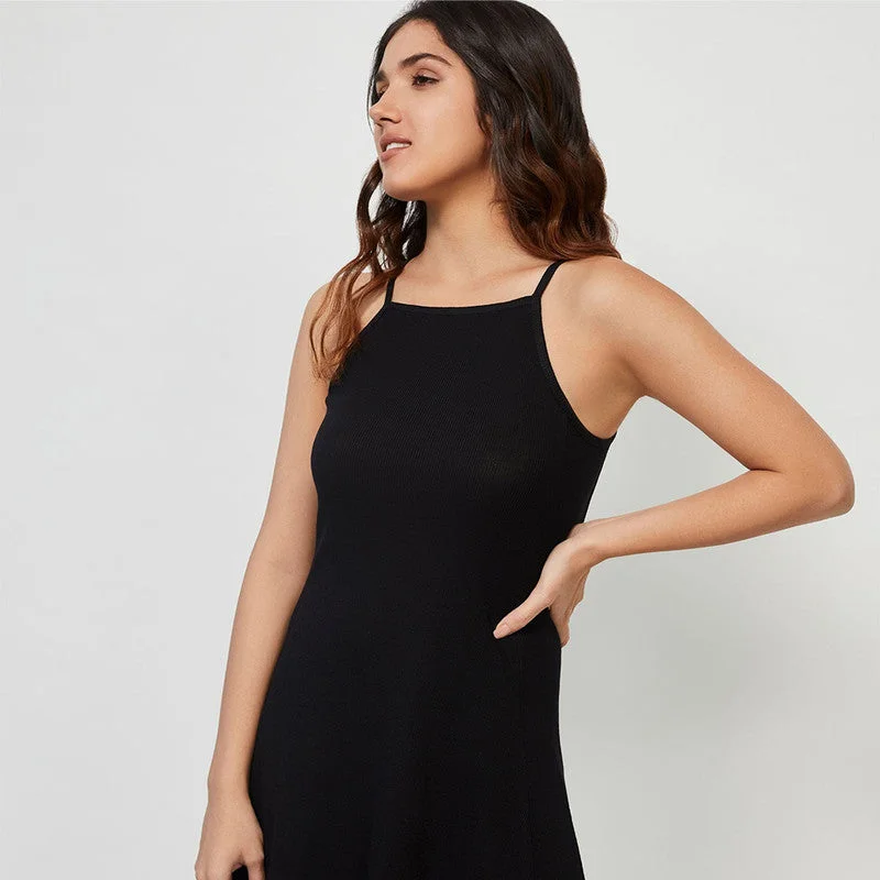 Cotton Ribbed Skater Dress | Black