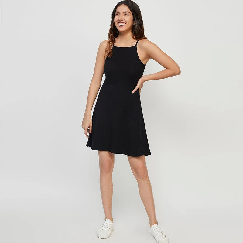 Cotton Ribbed Skater Dress | Black