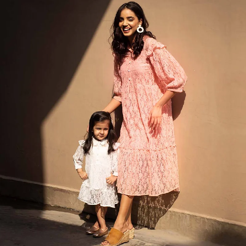 Cotton French Lace Tiered Dress | Pink