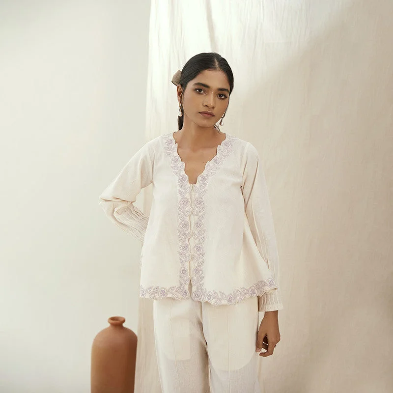 Women Top | Linen | Umbrella Cut | Embroidered | Oatmilk