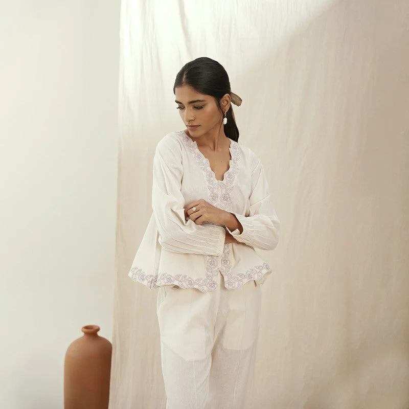 Women Top | Linen | Umbrella Cut | Embroidered | Oatmilk