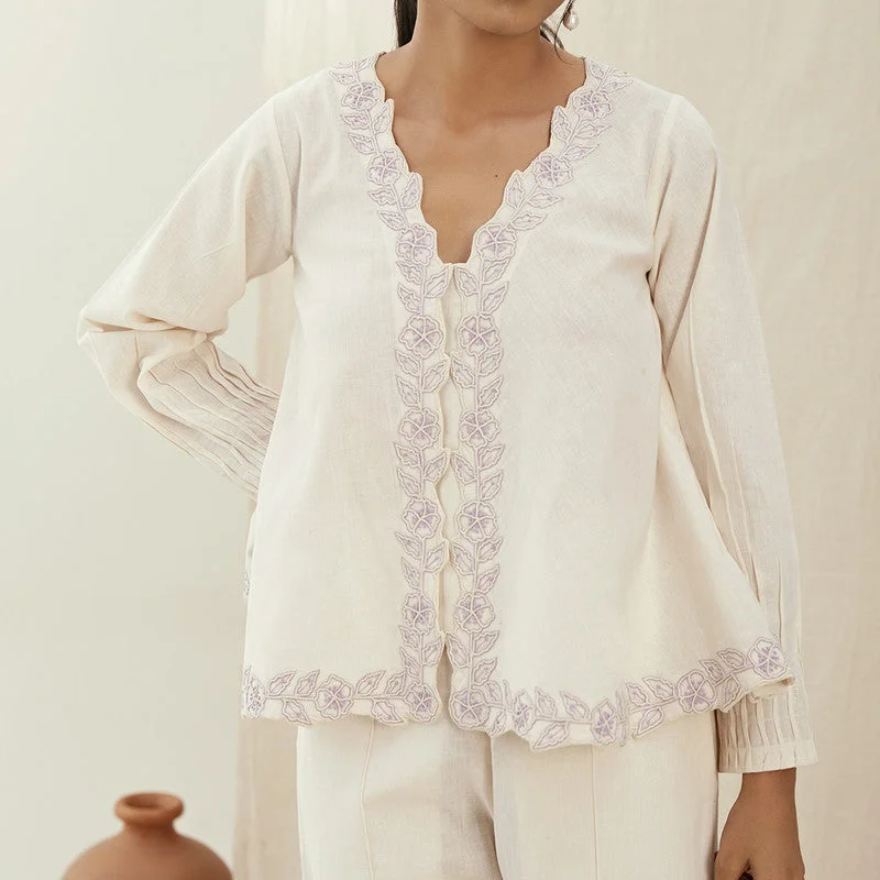 Women Top | Linen | Umbrella Cut | Embroidered | Oatmilk