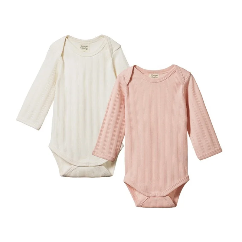 Nature Baby - 2 Pack Derby Long Sleeve Bodysuit - Nat/Rose Bud