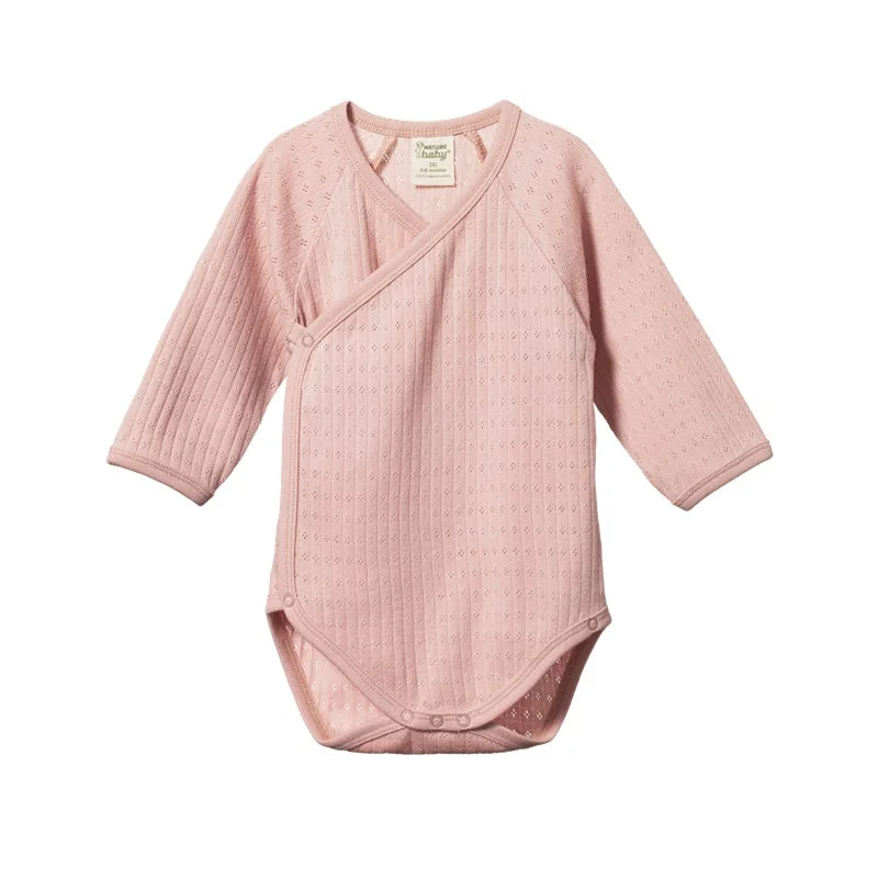 Nature Baby - Long Sleeve Pointelle Kimono Bodysuit - Rose Bud