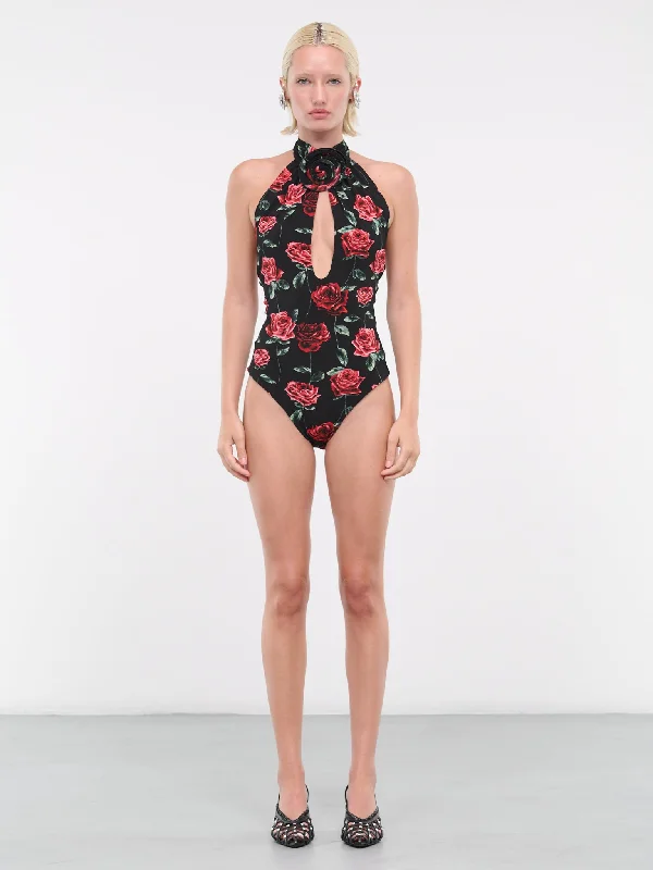 Keyhole Halter Bodysuit (203723-BLACK-PRINT)