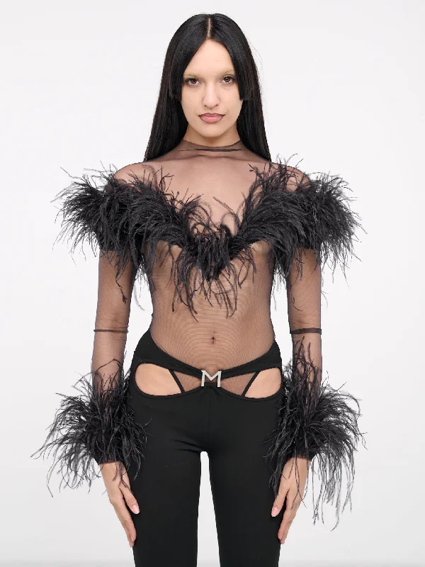 Black Feather Sheer Bodysuit (24P1BO0229580-BLACK)