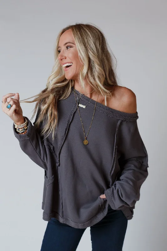 Bailey Oversized Raw Edge Top - Charcoal