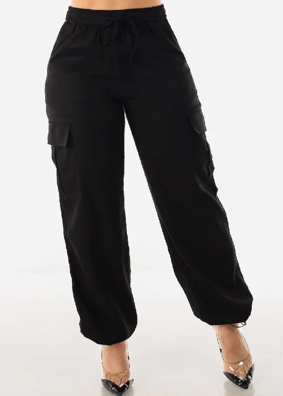 Black Linen High Waist Cargo Pants Drawstring Hem