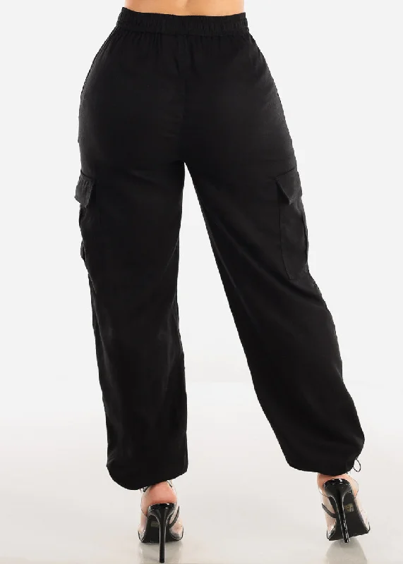 black-linen-high-waist-cargo-pants-drawstring-hem-6879pnblk