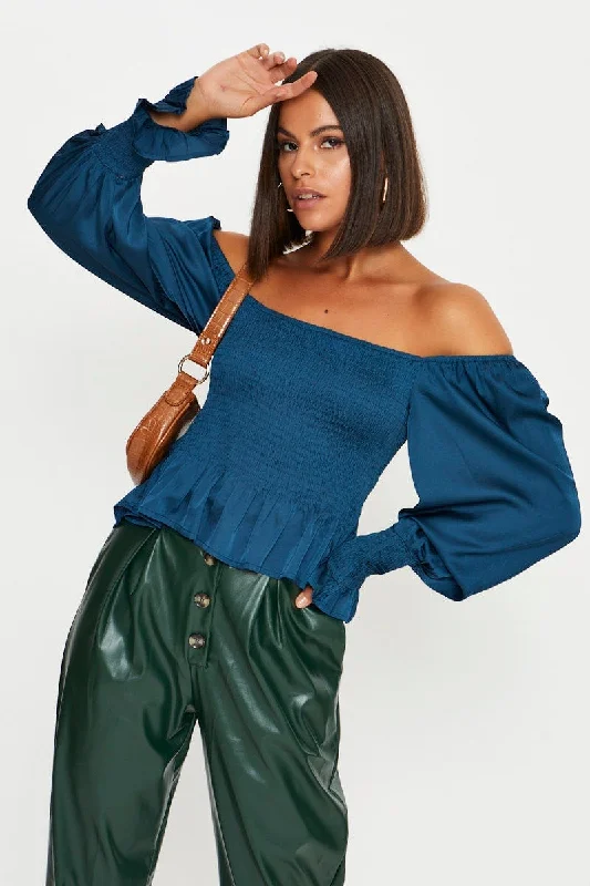 Blue Peplum Blouse Long Sleeve Off Shoulder