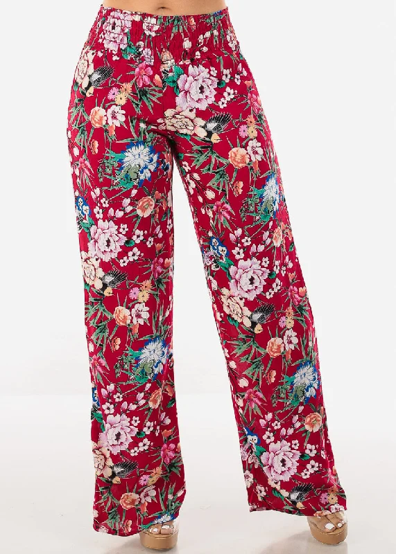 Boho Smocked Waist Floral Palazzo Pants Red