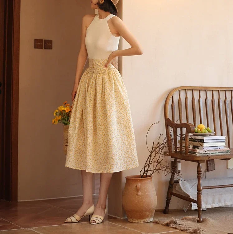 wisteria yellow flower crowd french retro skirt