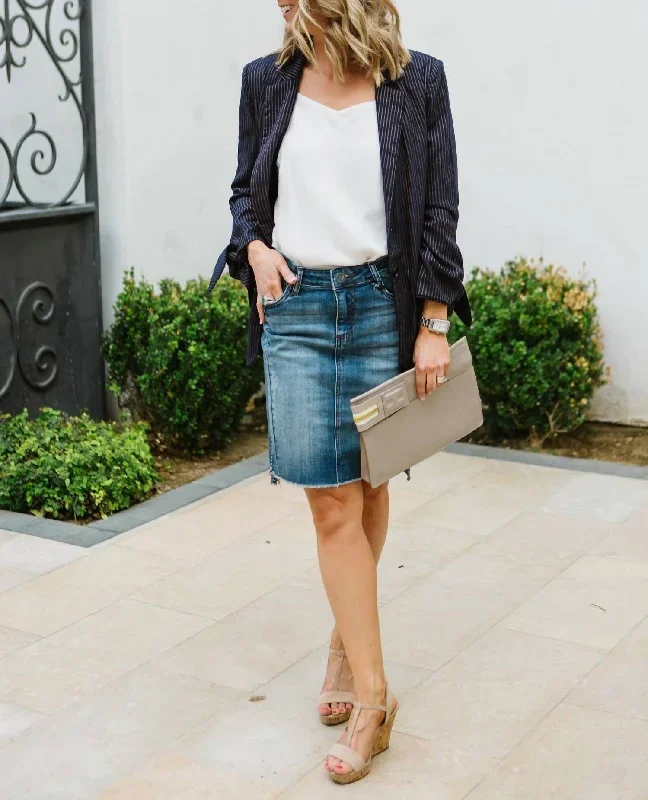 Connie Step Hem Denim Skirt In Blue