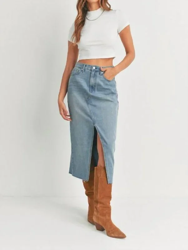 Denim Midi Skirt With Slit In Light Wash