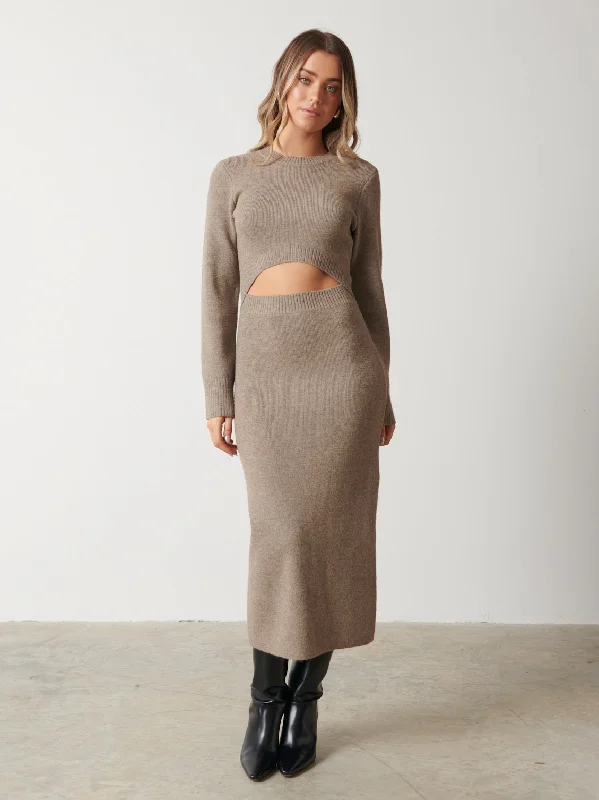 Elena Cut Out Knit Midaxi Dress - Mushroom