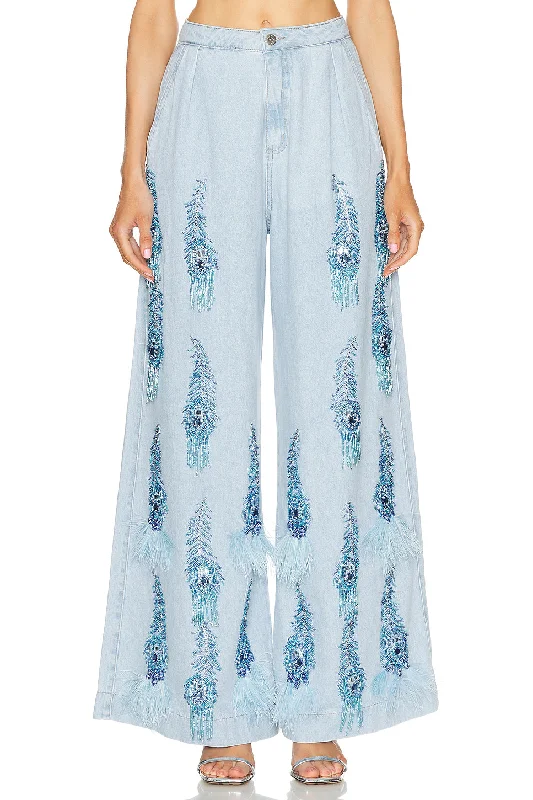 Hand-Beaded Denim and Feather Jeans