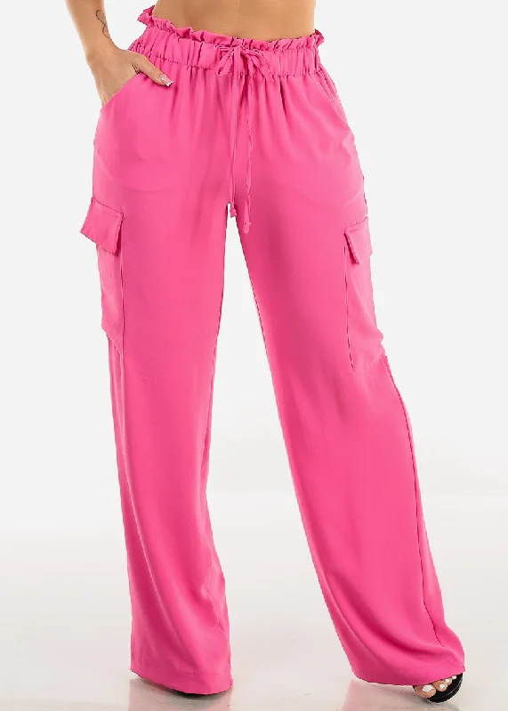 High Drawstring Waist Wide Leg Cargo Pants Fuchsia