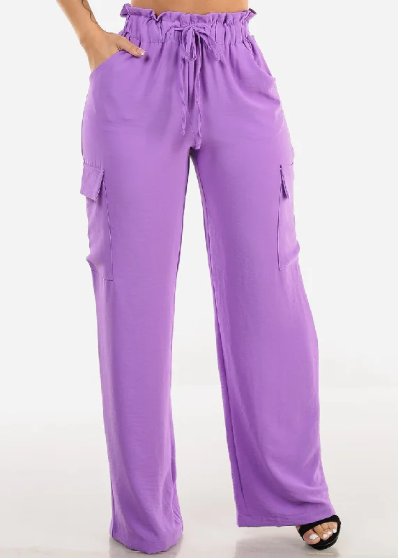 High Drawstring Waist Wide Leg Cargo Pants Purple