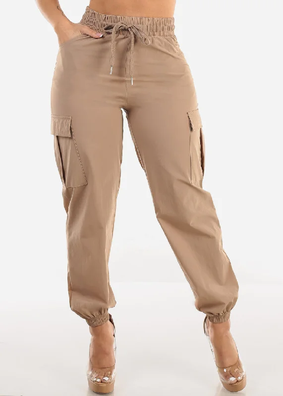 High Waist Drawstring Cargo Jogger Pants Khaki